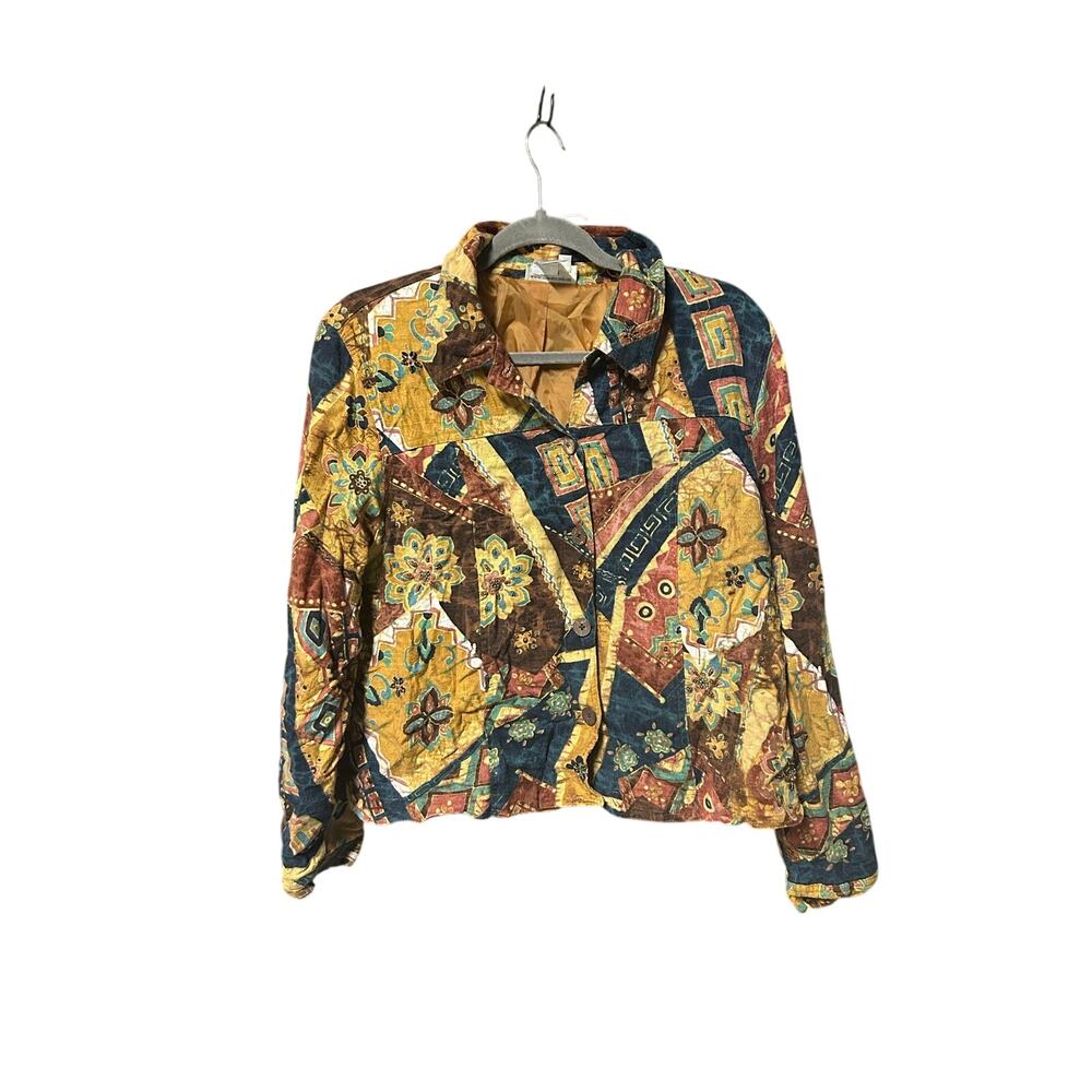 Med linen blend vintage early 90s short abstract patchwork style jacket